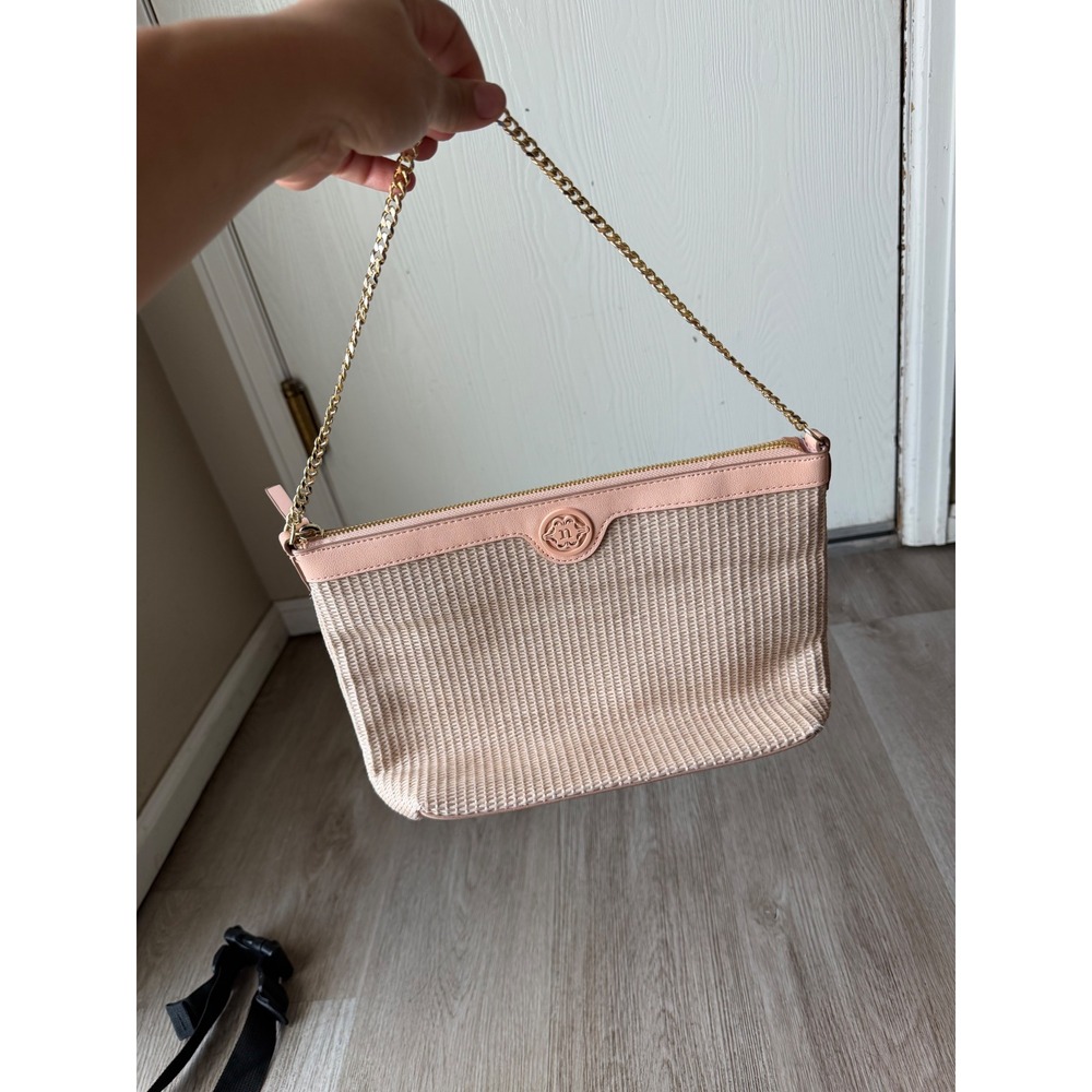 Nanette Lepore Pink Woven Straw Chain Shoulder Bag Clutch Summer Boho Handbag